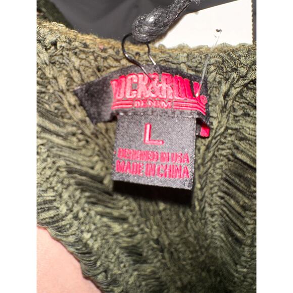 Rock & Roll Denim Olive Green Open Knit Fringe Cardigan Women’s Large Boho - Picture 7 of 11